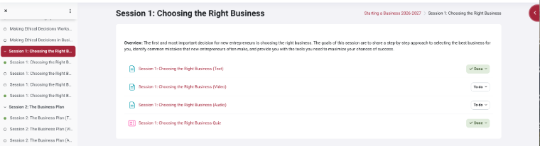 Session Progress Screenshot from the MOBI learning management system showing completion of the text option and the quiz for Session 1 of Starting a Business.